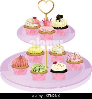 Illustration of a cupcake stand with cupcakes on a white background Stock Vector