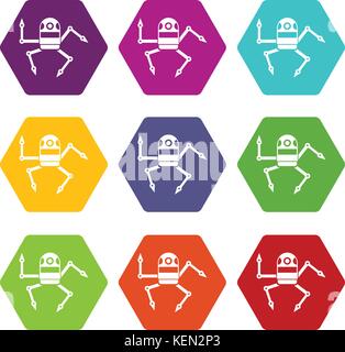 Spider robot icon set color hexahedron Stock Vector