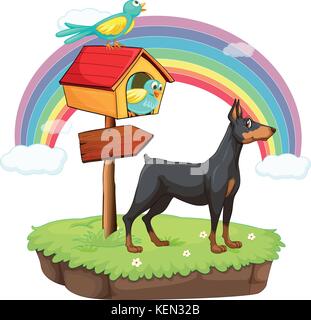 An island with animals and a wooden arrow on a white background Stock Vector
