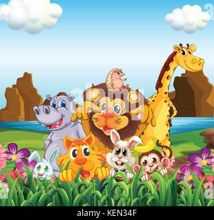 Illustration of many animals in the field Stock Vector