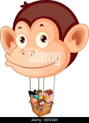 Illustration of a big monkey balloon with a basket full of kids on a white background Stock Vector