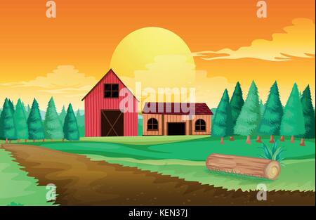 Illustration of the farm houses near the pine trees Stock Vector