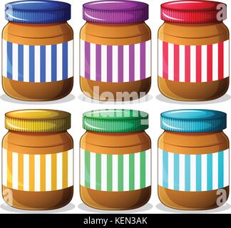 Illustration of the six jars of peanut butters on a white background Stock Vector