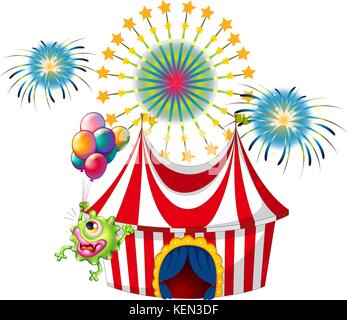 Illustration of a monster at the amusement park with fireworks on a white background Stock Vector