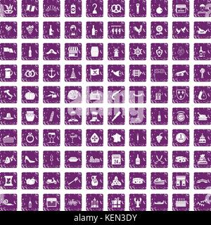 100 alcohol icons set grunge purple Stock Vector