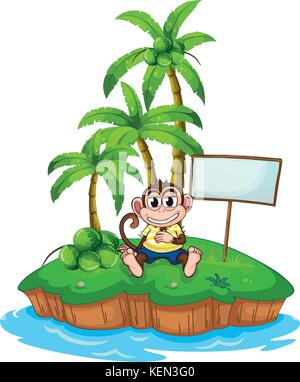 A monkey in the island with an empty signboard on a white background Stock Vector