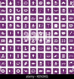 100 calories icons set grunge purple Stock Vector