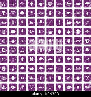 100 camping and nature icons set grunge purple Stock Vector
