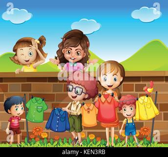 Illustration of many children doing laundry Stock Vector
