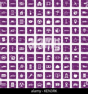 100 car icons set grunge purple Stock Vector