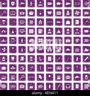 100 case icons set grunge purple Stock Vector