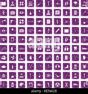 100 ambulance icons set grunge purple Stock Vector