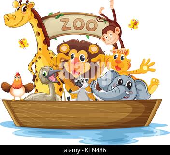 Illustration of a boat full of animals on a white background Stock Vector