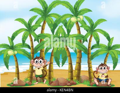 Illustration of a beach with coconut trees and monkeys Stock Vector