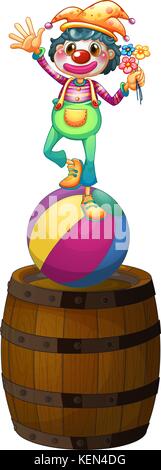 Illustration of a playful clown above the wooden barrel on a white background Stock Vector