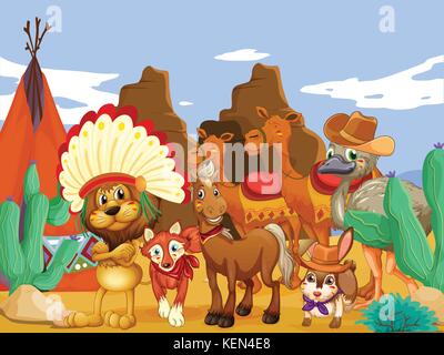 Illustration of many animals in the desert Stock Vector