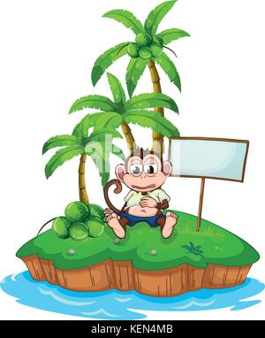 An island with a monkey and an empty signboard on a white background Stock Vector