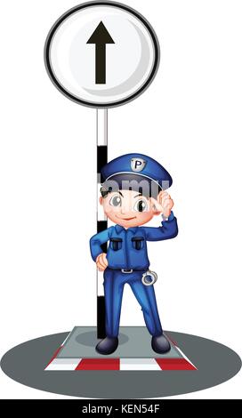 Illustration of a policeman near the post on a white background Stock Vector