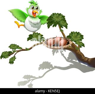 Illustration of a cute bird at the branch of a tree with a nest on a white background Stock Vector