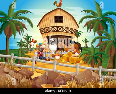 Farm scene with many farm animals illustration Stock Vector Image & Art ...