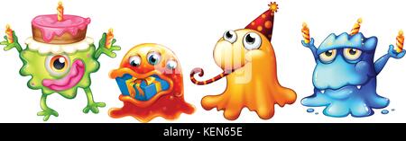 Illustration of many monsters with gift and cake Stock Vector