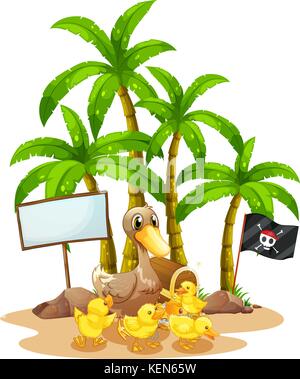 Illustration of a duck and her ducklings near the signboard under the tree on a white background Stock Vector