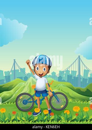 Illustration of a boy and his bike standing across the tall mountains Stock Vector