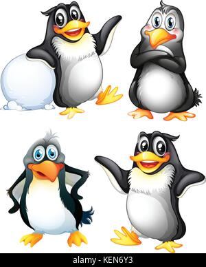 Illustration of the four playful penguins on a white background Stock Vector