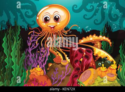 Smiling octopus in the middle of corals Stock Vector