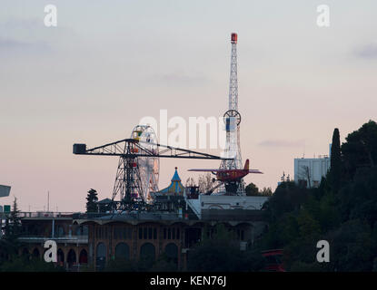 Tibidabo amusement park in the hills above Barcelona in the golden early morning light Stock Photo