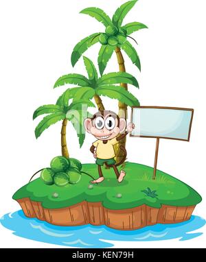An island with a monkey and a signboard on a white background Stock Vector