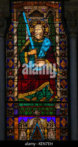 Stained Glass in the Basilica of San Petronio, Bologna, Emilia Romagna, Italy, depicting Saint Paul holding a sword Stock Photo