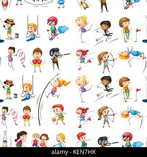 Illustration of the seamless design of people doing their indoor and outdoor activities on a white background Stock Vector