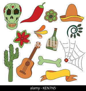 Hand drawn set of mexican symbols - guitar, sombrero, tequila, skull. Isolated national elements made in vector Stock Vector