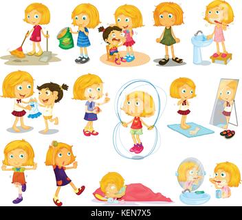 Illustration of a young blondie's daily activities on a white background Stock Vector