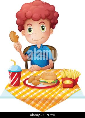 Illustration of a hungry boy eating on a white background Stock Vector