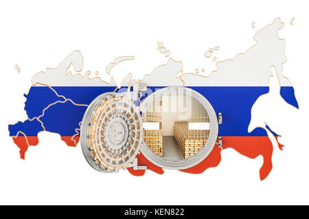 Golden reserves of Russia concept, banking vault with gold bars. 3D rendering isolated on white background Stock Photo