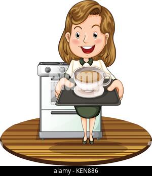 Illustration of a woman holding a tray with a hot drink on a white background Stock Vector