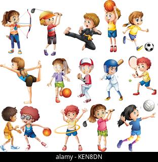 Kids playing various sports on white Stock Vector
