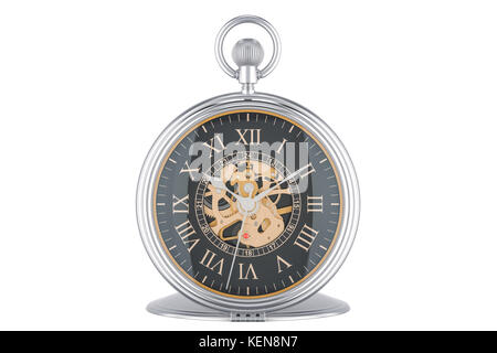 Vintage golden pocket watch with black dial face, 3D rendering isolated on white background Stock Photo