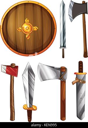 Illustration of a shield, swords and axes on a white background Stock Vector