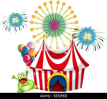 Illustration of a happy monster outside the carnival on a white background Stock Vector