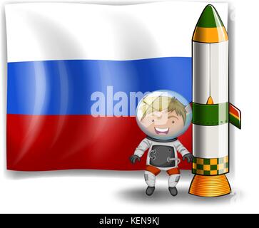 Illustration of the flag of Russia at the back of an explorer beside the rocket on a white background Stock Vector