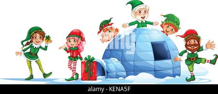 Elves playing outside the igloo on a white background Stock Vector