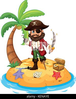 Illustration of a pirate standing on an island Stock Vector