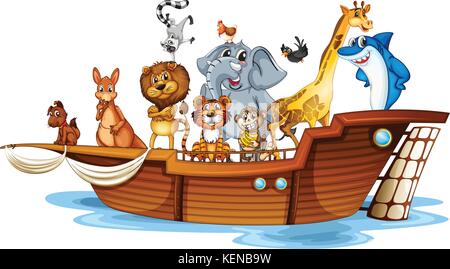 Illustration of many animals on a boat Stock Vector