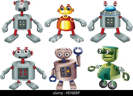 Illustration of the six robots on a white background Stock Vector