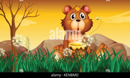 Illustration of a cute bear holding a pot of honey Stock Vector