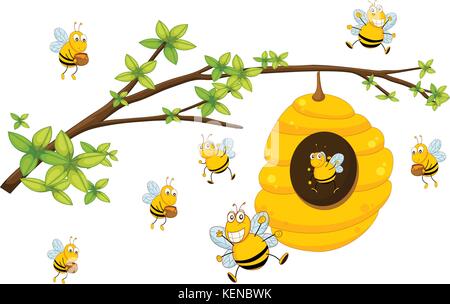 Illustration of bee flying around a beehive Stock Vector