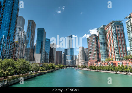 View of downtown Chicago, Illinois, USA, from DuSable Bridge facing the Trump International Hotel and Tower Stock Photo